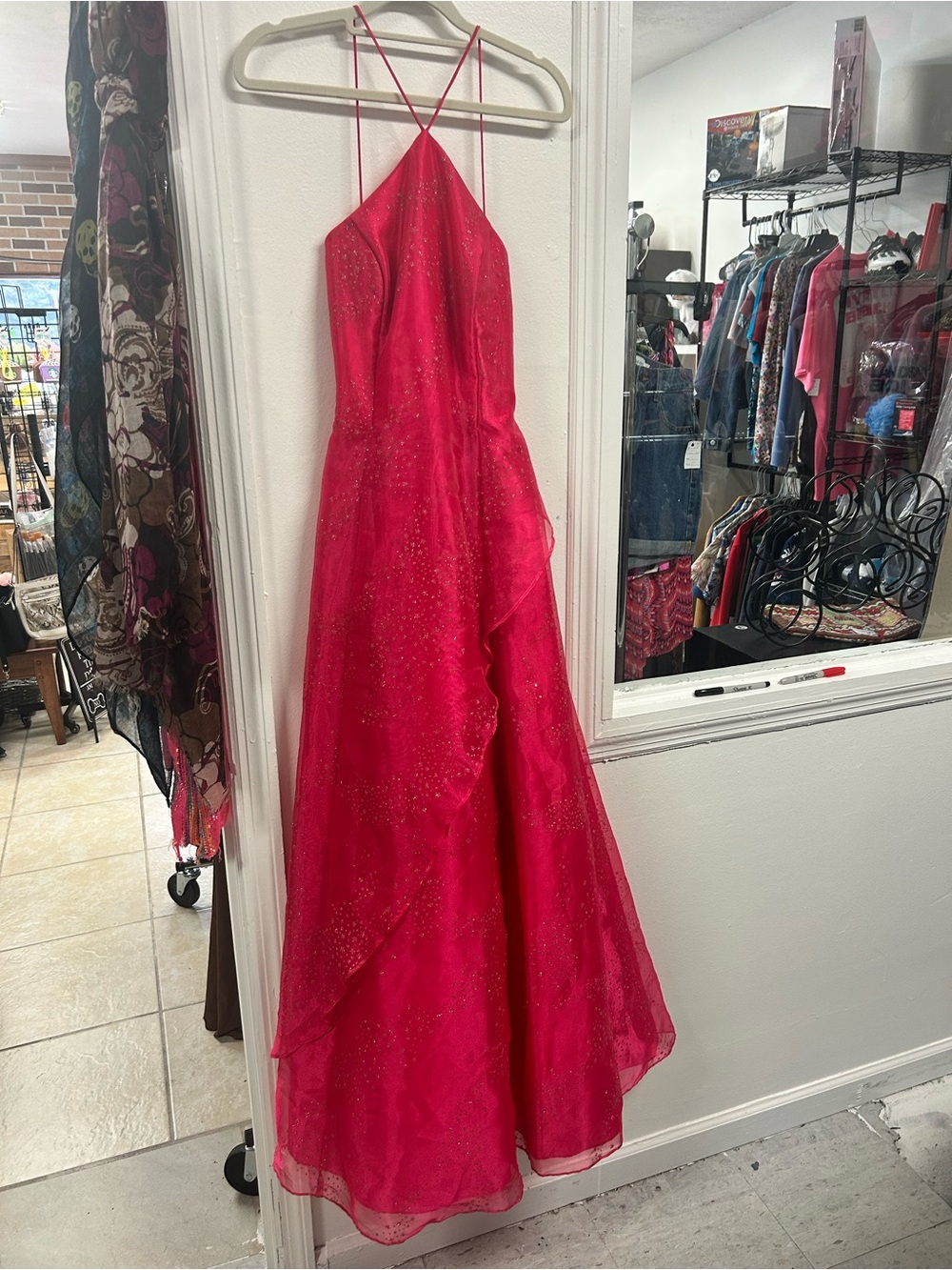 Blondie Nites Hot Pink Glitter Halter Prom Gown Open Back Size 7